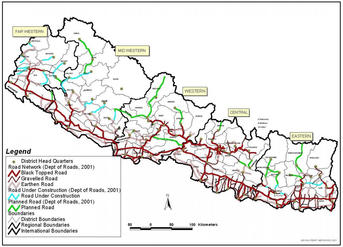 Mapy dróg Nepalu z dzielnicami