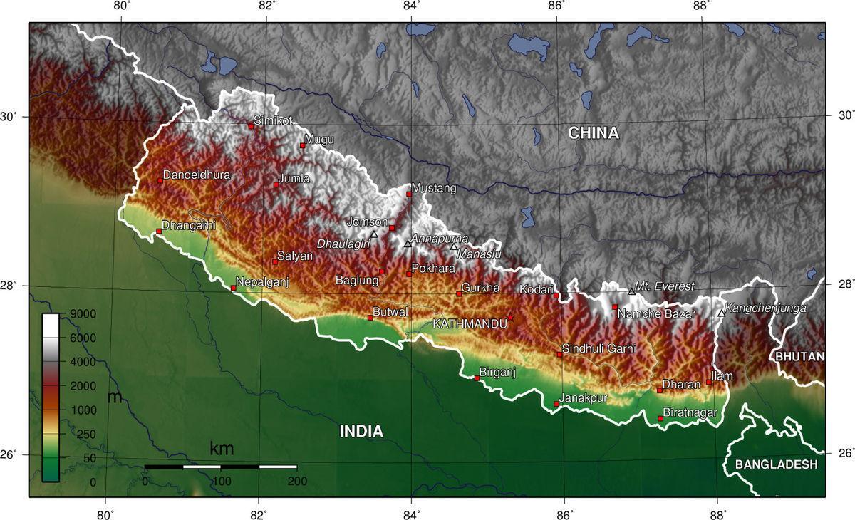 Nepal mapa wysokości 