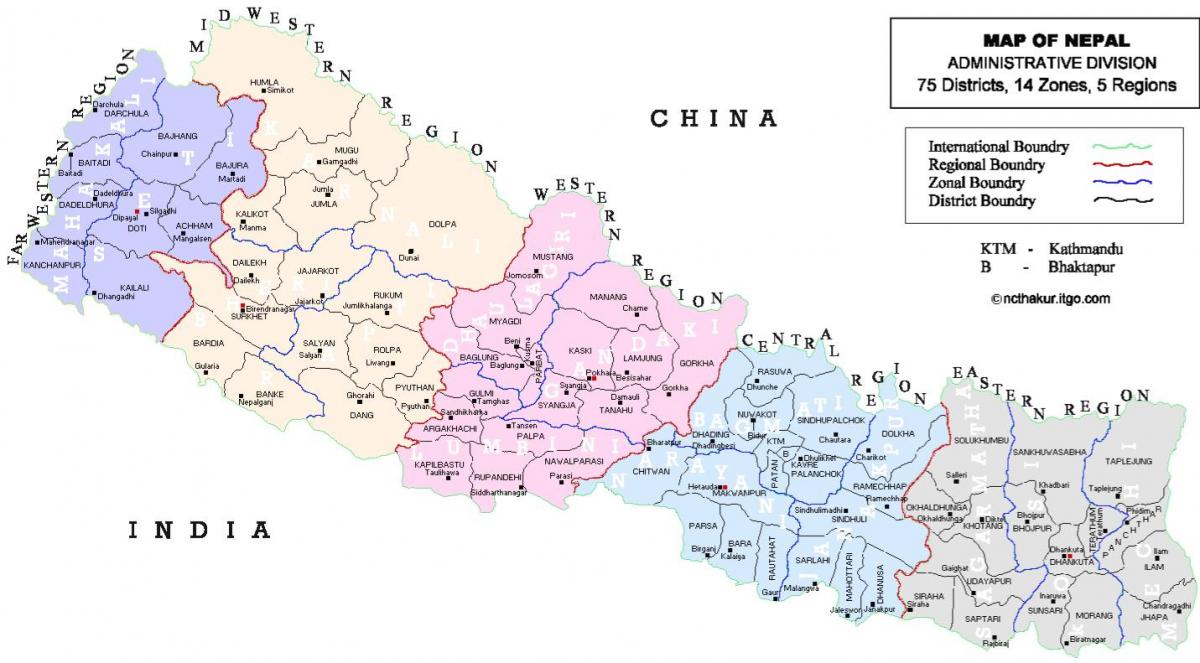 Nepal mapa polityczna z dzielnicami
