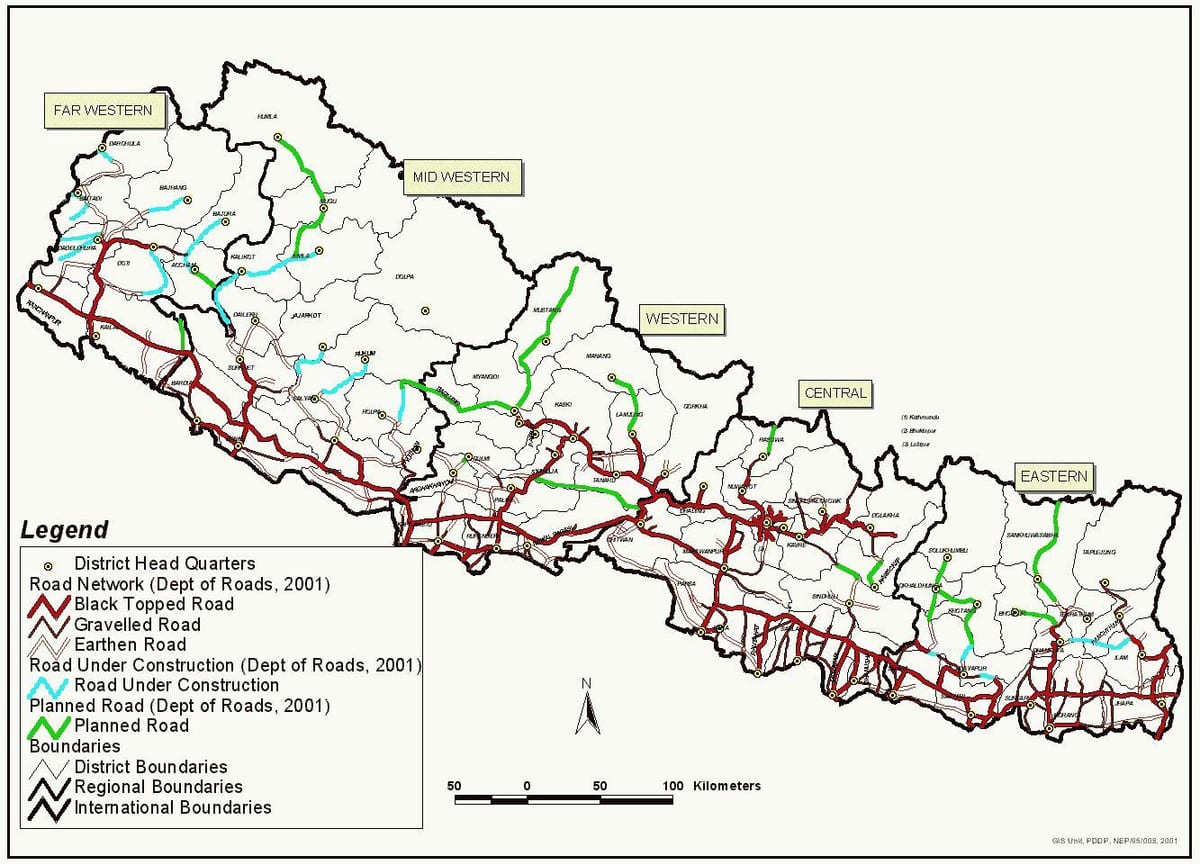 Nepal mapa z autostrady