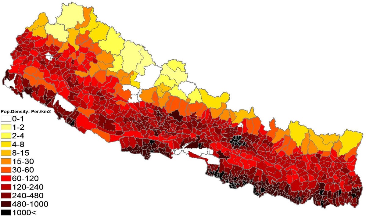 Nepal mapa gęstości zaludnienia 