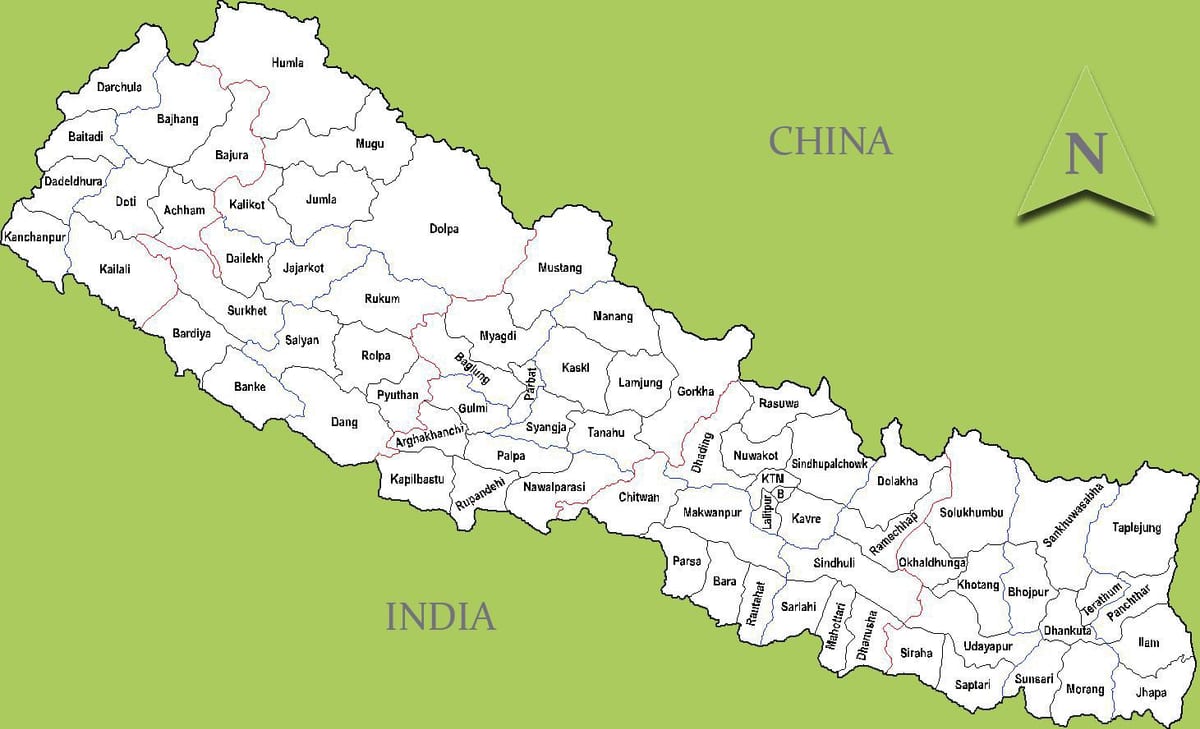 Nepal mapa z miastami