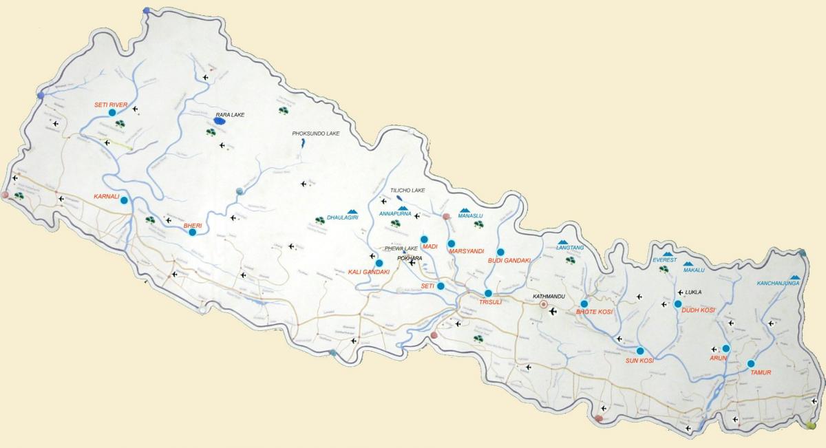 mapa Nepalu pokazując rzek
